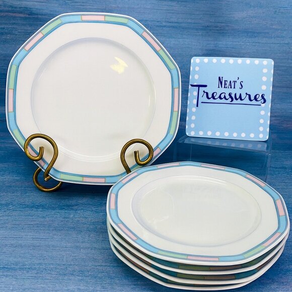 Christopher Stuart SOUTHWEST Green Blue Coral Rim White China Salad Plates Set 5 - Picture 1 of 16